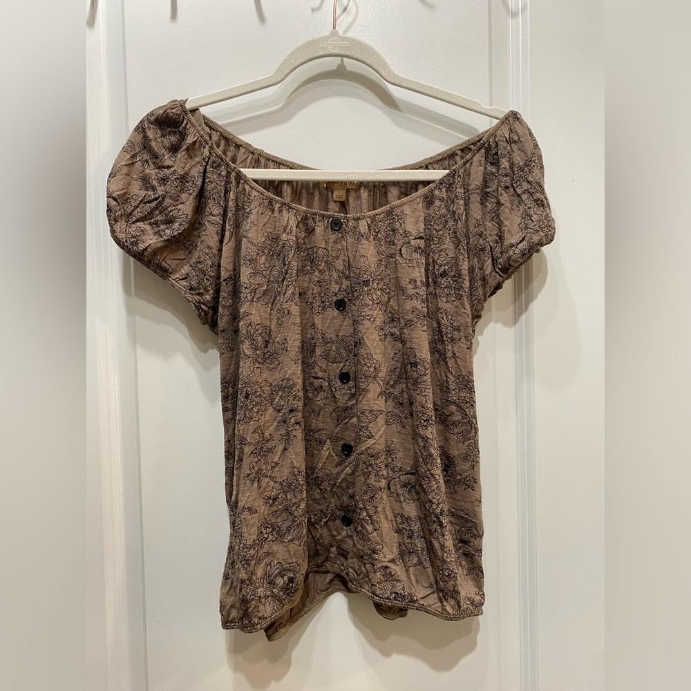 soft brown off the shoulder blouse